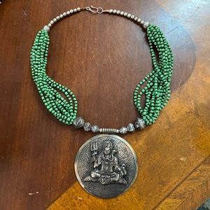 Green & silver hand beaded Buddha necklace pendant